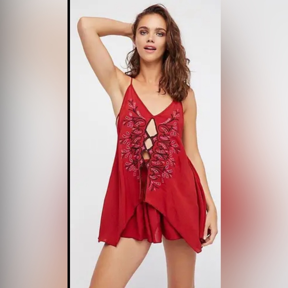 Free People Red Embroidered Tank Top NWT